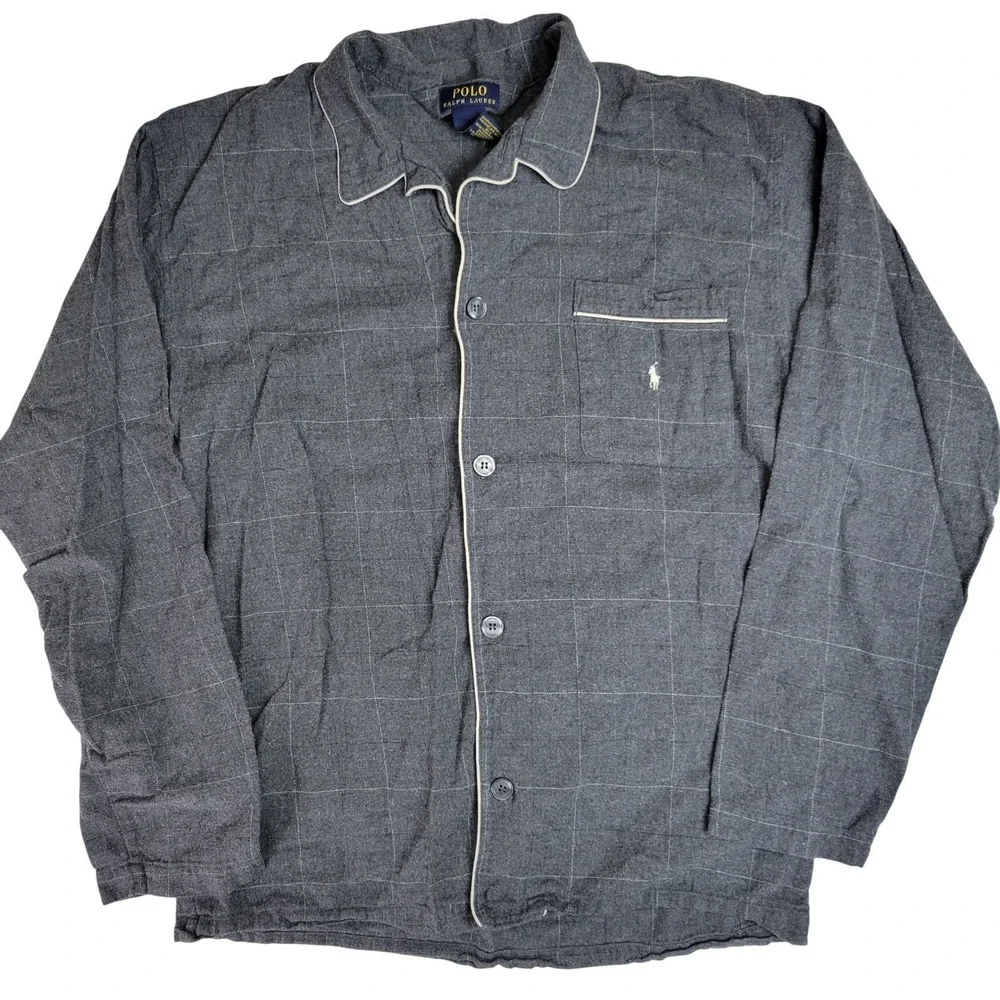 Polo Ralph Lauren Mens Gray Windowpane Plaid Cotton Pajama‎ Top Shirt Medium